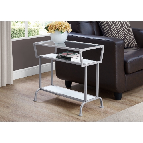 22"H Accent Table in White, Silver & Tempered Glass